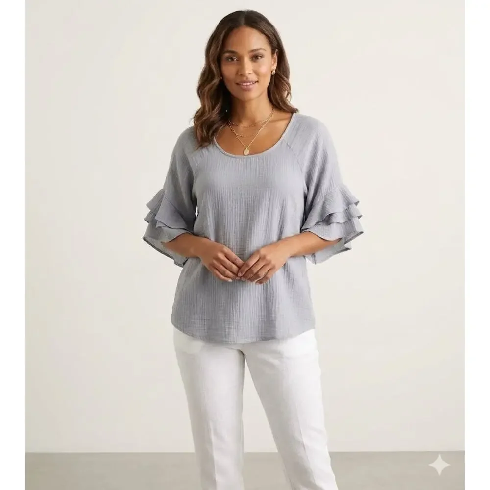 Womens Crinkled Relaxed Blouse Tiered Layered Ruffle Sleeve Top Draped Size S